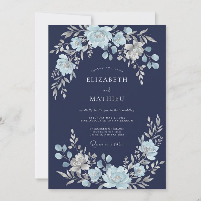 Convites Casamento Floral Etéreo Azul Naval (Frente)