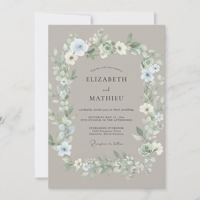 Convites Casamento Floral Etéreo Azul Pálido (Frente)