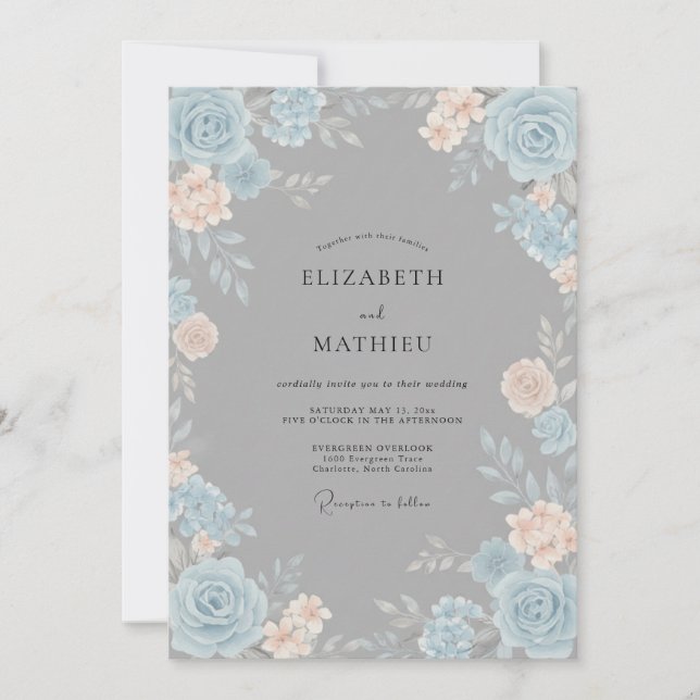 Convites Casamento Floral Etéreo Azul Pêssego (Frente)