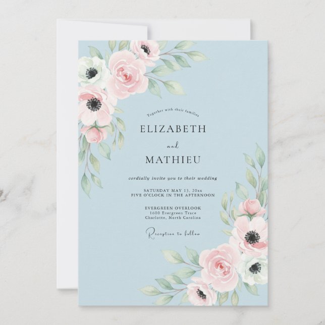 Convites Casamento Floral Etéreo Azul Pó (Frente)