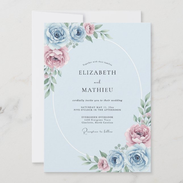 Convites Casamento Floral Etéreo Azul Pó (Frente)