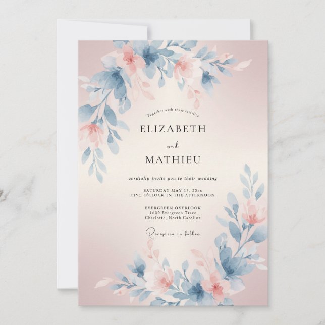 Convites Casamento Floral Etéreo Azul Rosa (Frente)