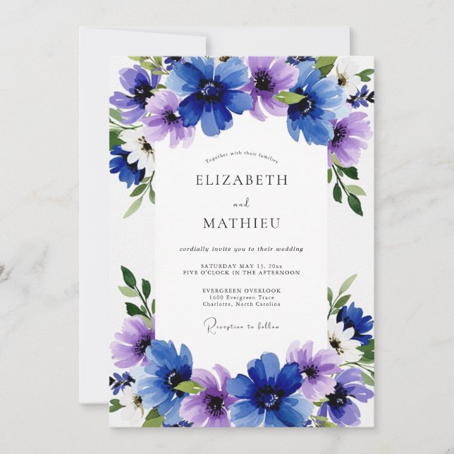 Convites Casamento Floral Etéreo Azul Roxo (Frente)