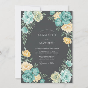 Convites Casamento Floral Etéreo Azul-Verde Amarelo