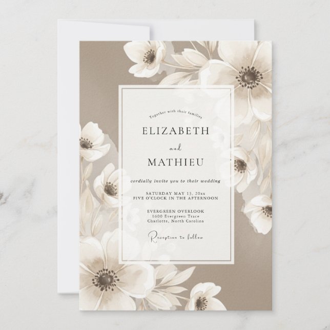 Convites Casamento Floral Etéreo Bege (Frente)