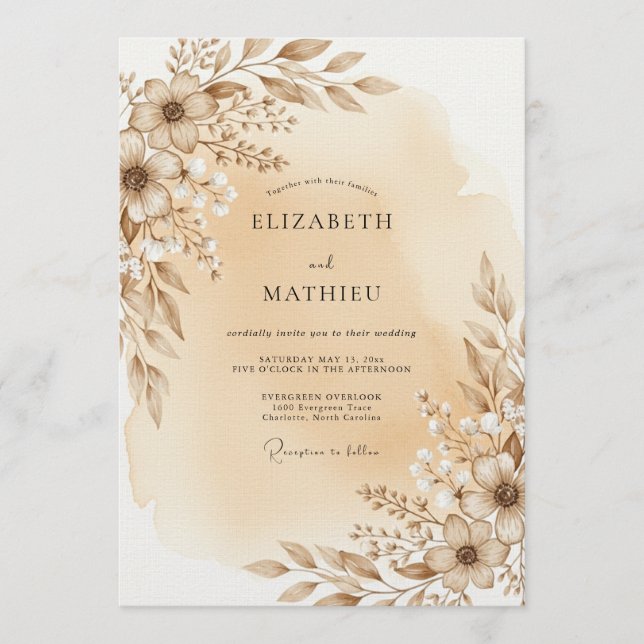Convites Casamento Floral Etéreo Bege (Frente)