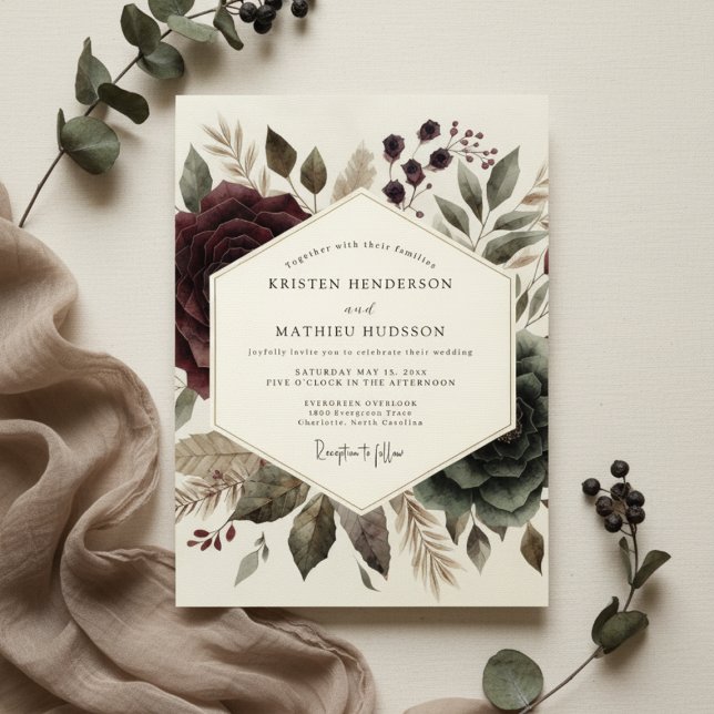 Convites Casamento Floral Etéreo Borgonha (Criador carregado)