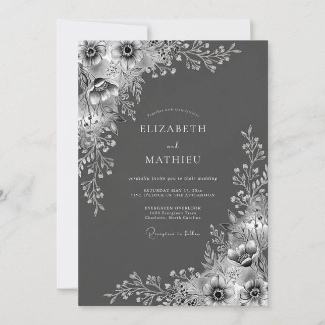 Convites Casamento Floral Etéreo Carvão (Frente)