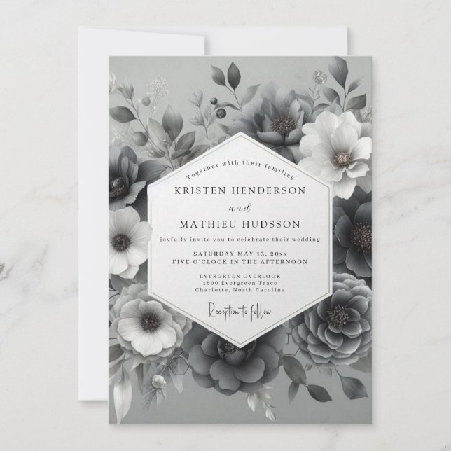 Convites Casamento Floral Etéreo Cinza Ardosia (Frente)