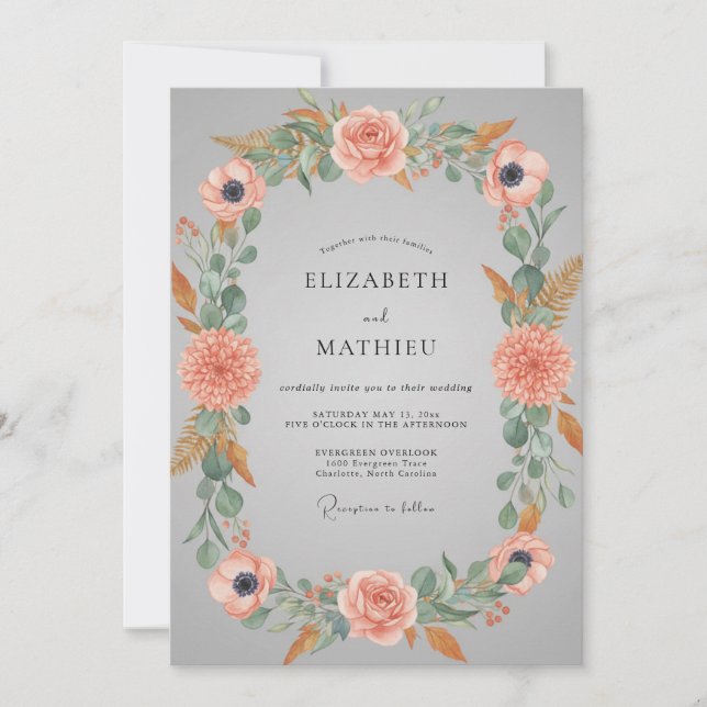 Convites Casamento Floral Etéreo Cinza e Rosa (Frente)
