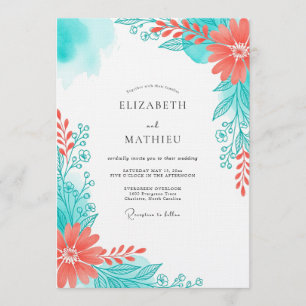 Convites Casamento Floral Etéreo Coral Verde-água