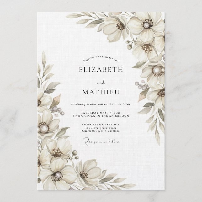 Convites Casamento Floral Etéreo Creme (Frente)