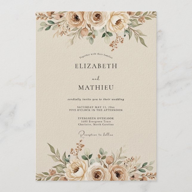 Convites Casamento Floral Etéreo Creme (Frente)