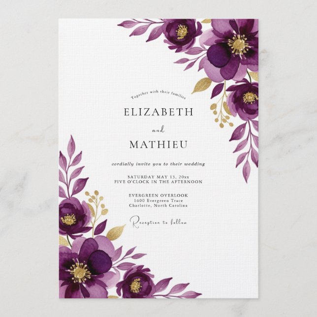 Convites Casamento Floral Etéreo de Ameixa (Frente)