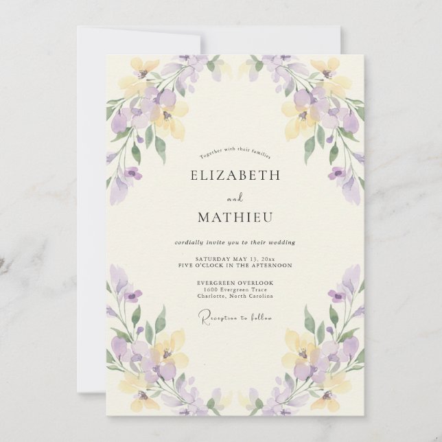 Convites Casamento Floral Etéreo de Limão e Lavanda (Frente)