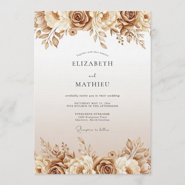 Convites Casamento Floral Etéreo de Ócre (Frente)