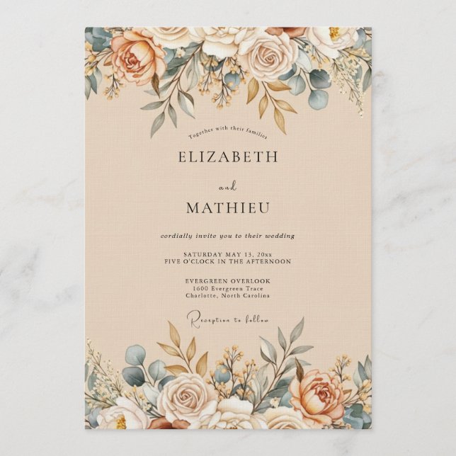 Convites Casamento Floral Etéreo de Pêssego (Frente)