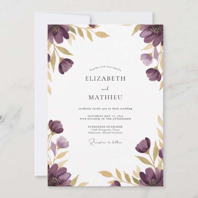 Convites Casamento Floral Etéreo Dourado Ameixa (Frente)