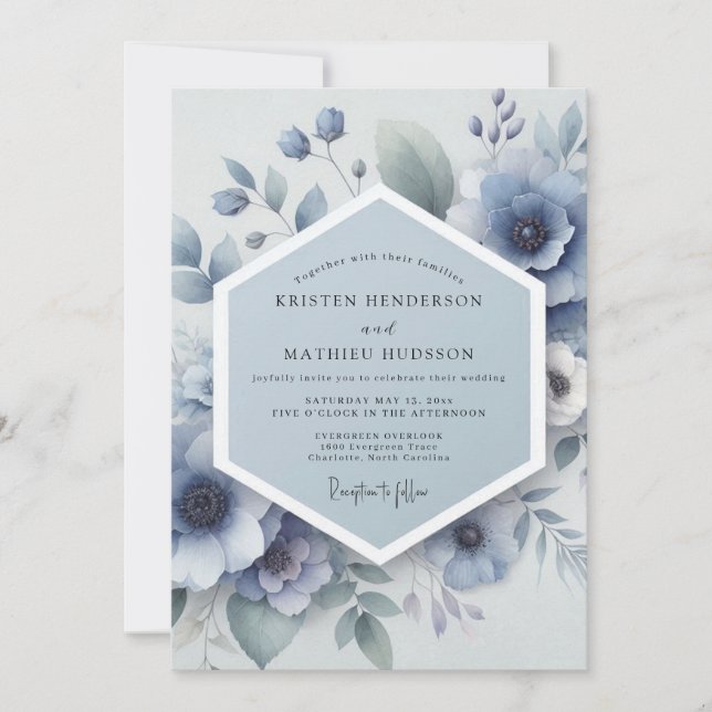 Convites Casamento Floral Etéreo em Azul Desbotado (Frente)