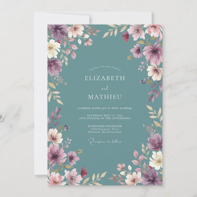 Convites Casamento Floral Etéreo em Azul Turquesa Desbotado (Frente)