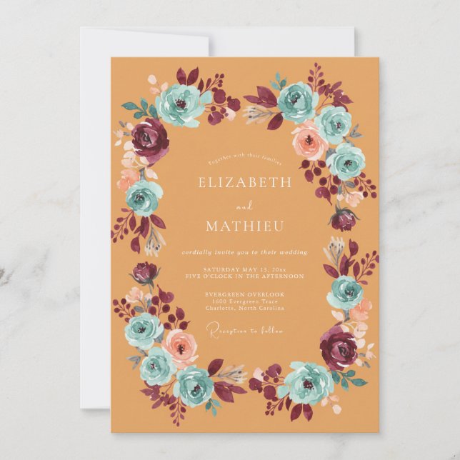 Convites Casamento Floral Etéreo em Burgundy e Turquesa (Frente)