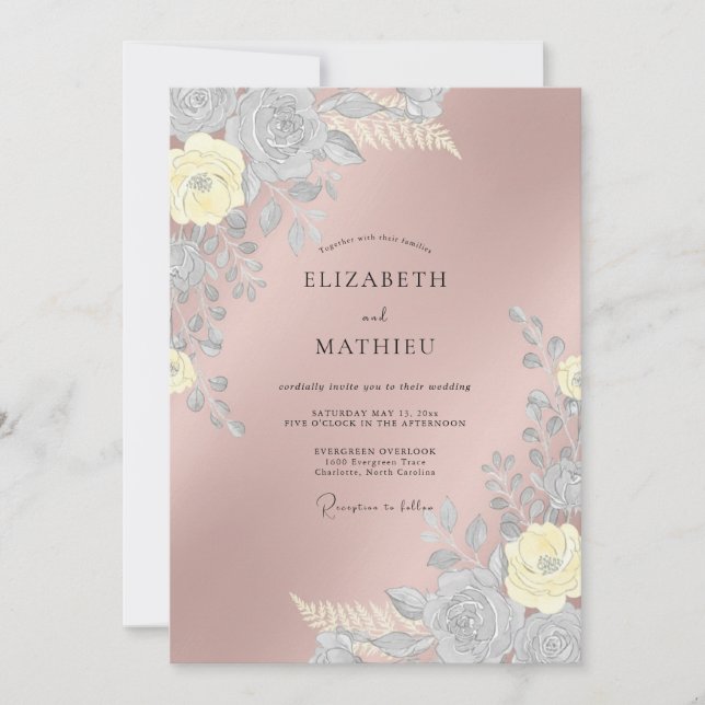 Convites Casamento Floral Etéreo em Rose Gold (Frente)