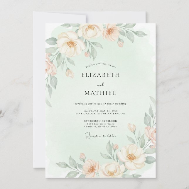 Convites Casamento Floral Etéreo em Tom de Pêssego Pálido (Frente)