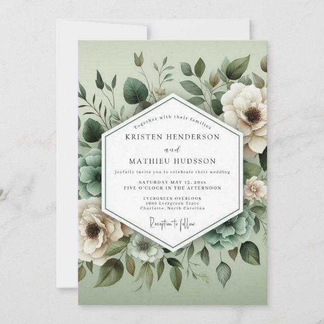 Convites Casamento Floral Etéreo em Verde Salvia (Frente)