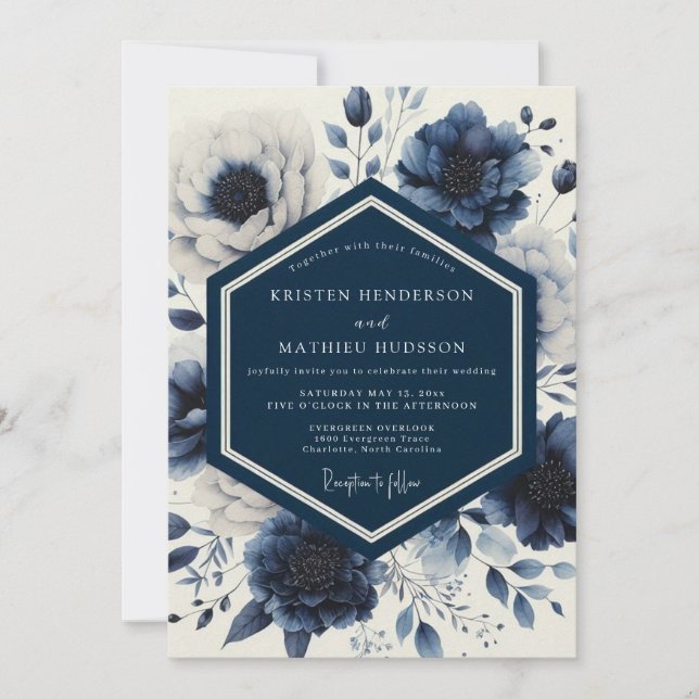 Convites Casamento Floral Etéreo Índigo (Frente)