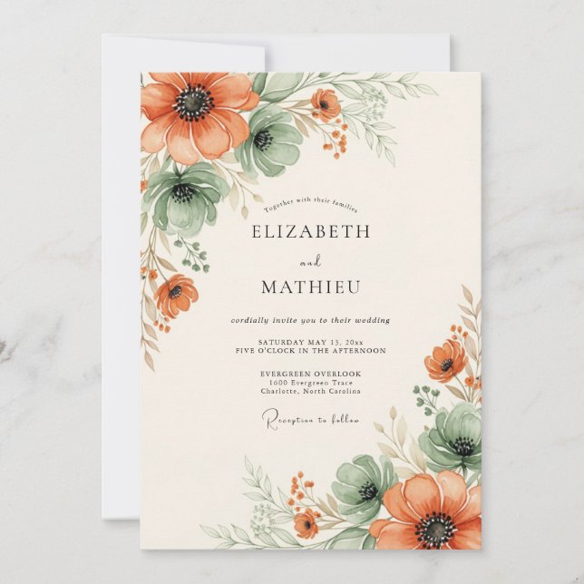 Convites Casamento Floral Etéreo Laranja (Frente)
