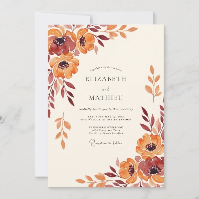 Convites Casamento Floral Etéreo Laranja (Frente)