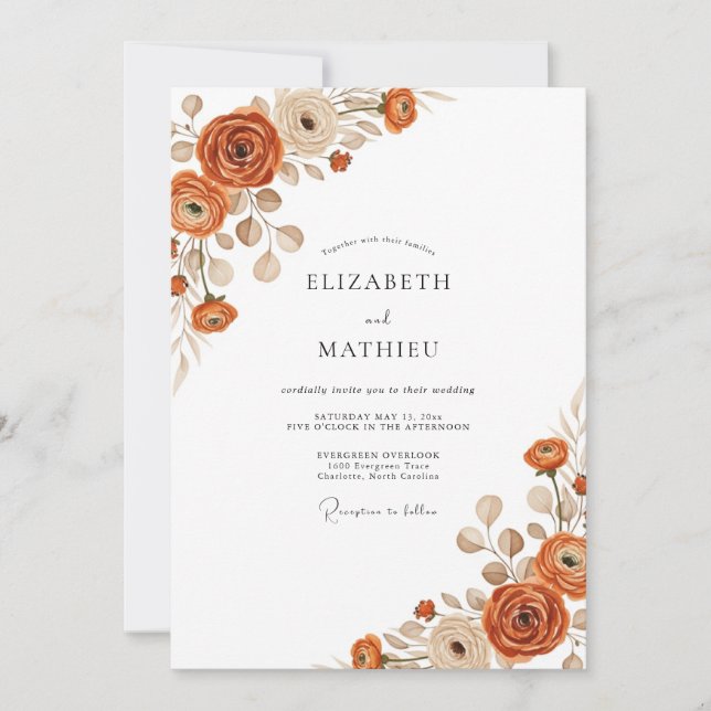 Convites Casamento Floral Etéreo Laranja Queimada (Frente)