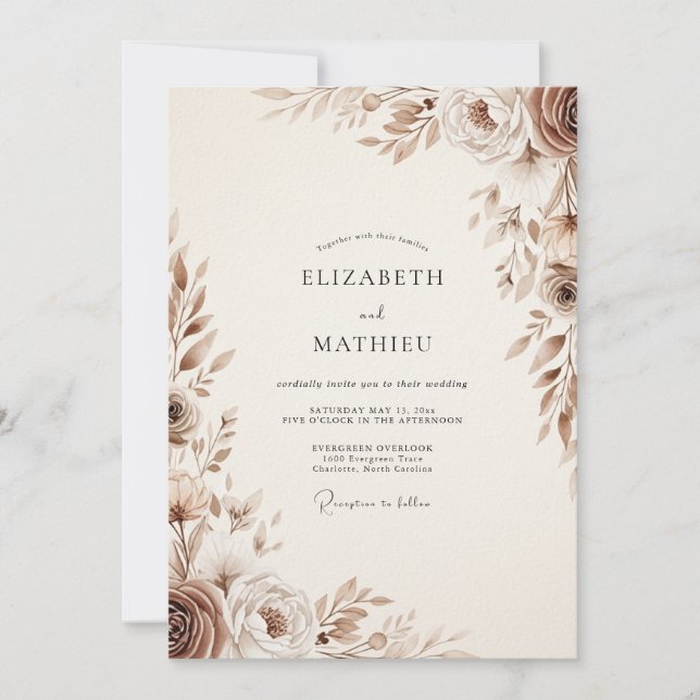 Convites Casamento Floral Etéreo Marrom (Frente)