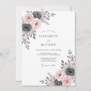 Convites Casamento Floral Etéreo Rosa Bege e Cinza Carvão