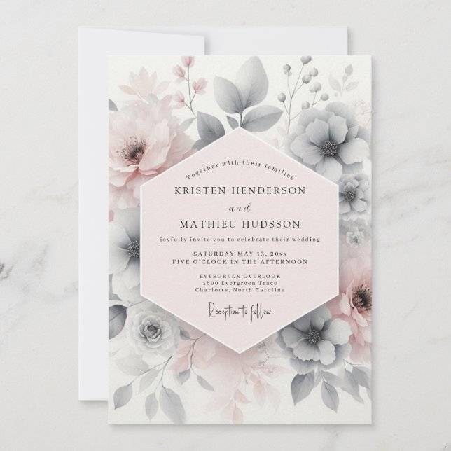 Convites Casamento Floral Etéreo Rosa Corado (Frente)