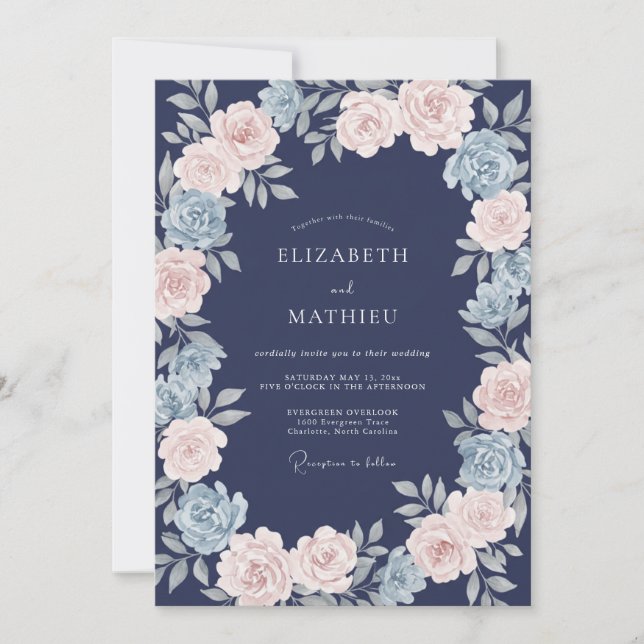Convites Casamento Floral Etéreo Rosa Navy (Frente)