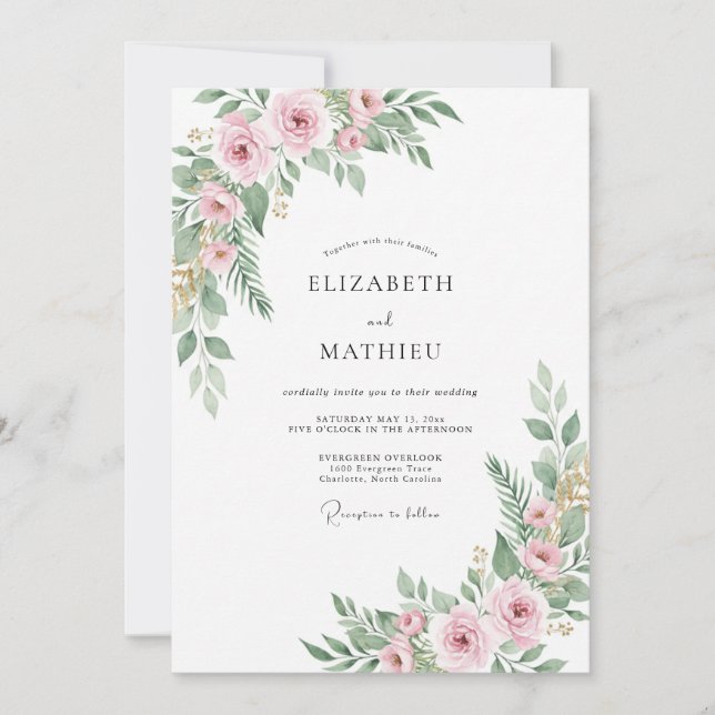 Convites Casamento Floral Etéreo Rosa Pálido (Frente)