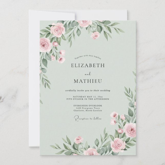 Convites Casamento Floral Etéreo Rosa Sage (Frente)