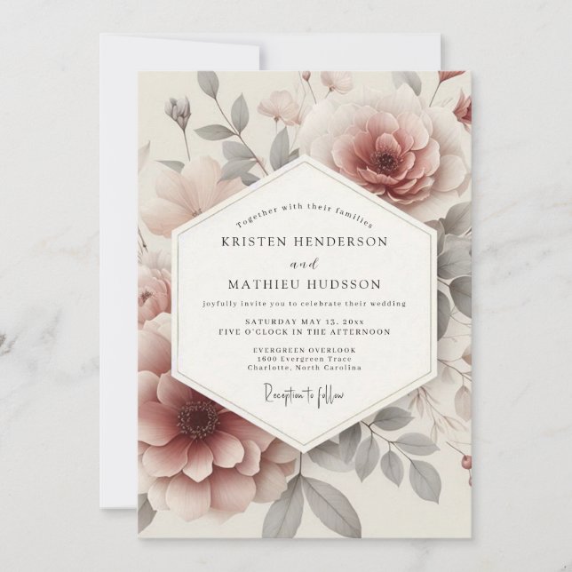 Convites Casamento Floral Etéreo Rose Ash (Frente)