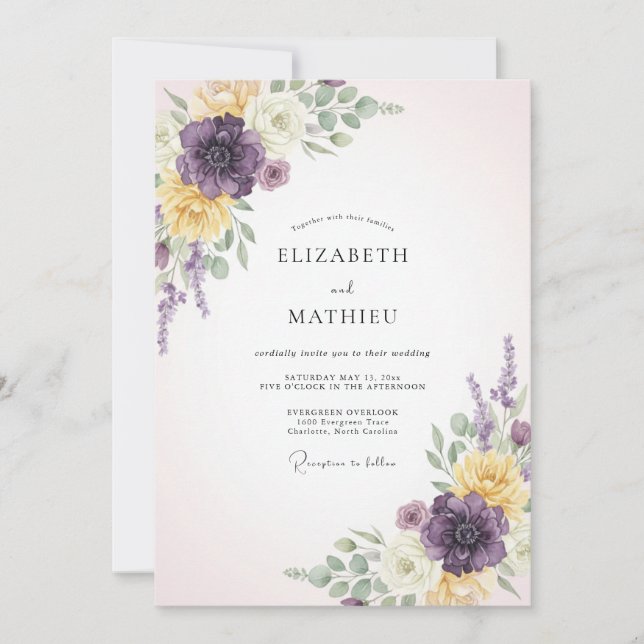 Convites Casamento Floral Etéreo Roxo Amarelo (Frente)