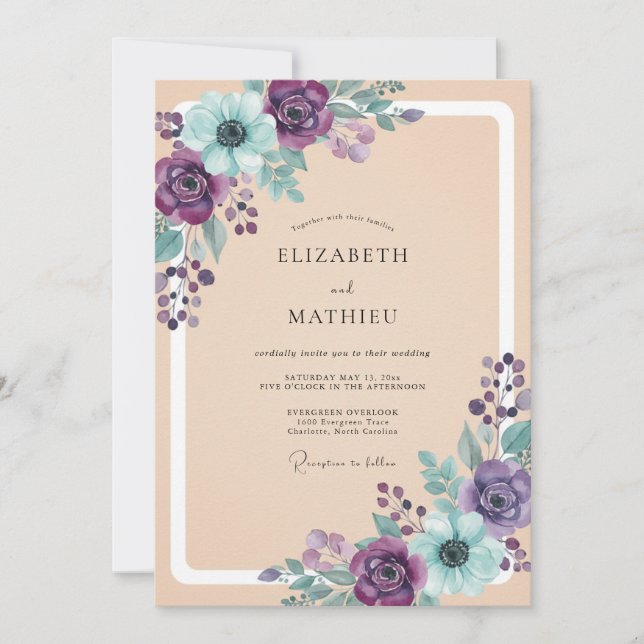 Convites Casamento Floral Etéreo Roxo Azul (Frente)