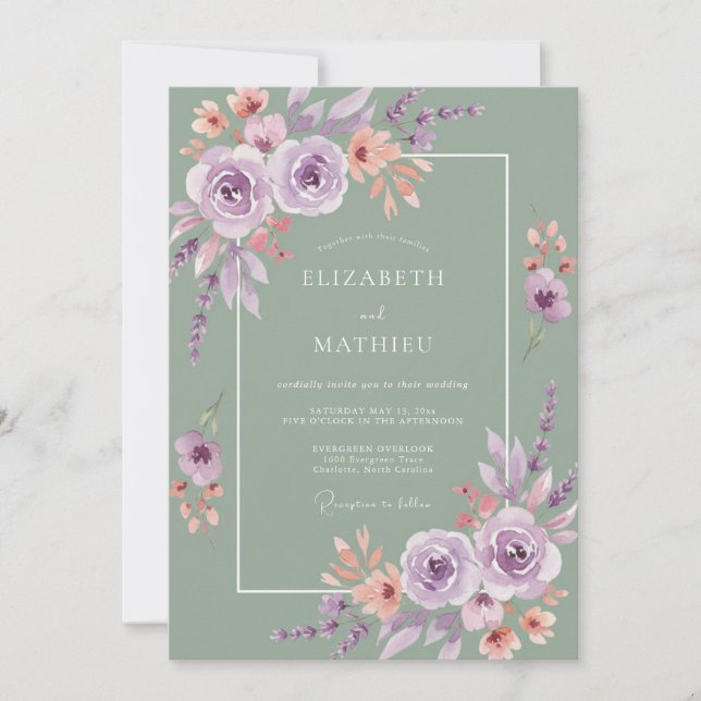 Convites Casamento Floral Etéreo Roxo Salvia (Frente)