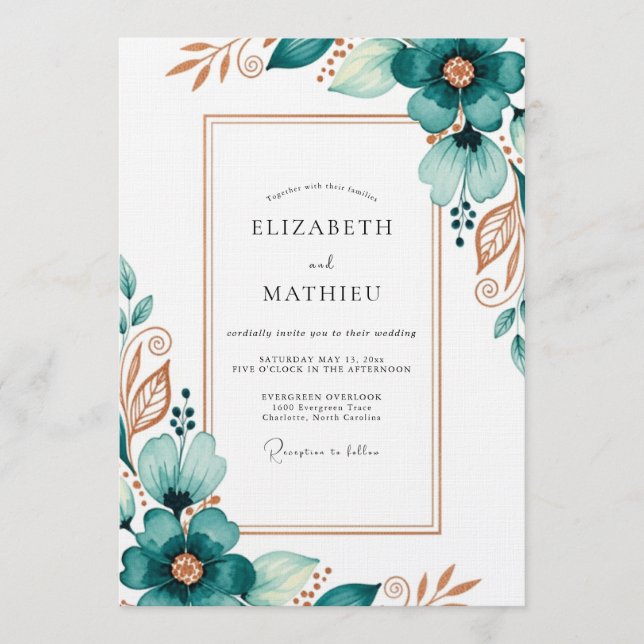 Convites Casamento Floral Etéreo Turquesa (Frente)