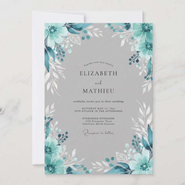Convites Casamento Floral Etéreo Turquesa (Frente)