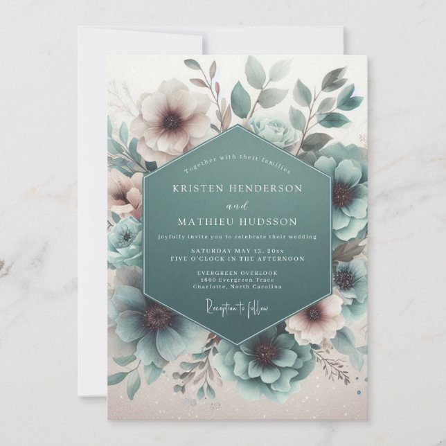 Convites Casamento Floral Etéreo Turquesa (Frente)