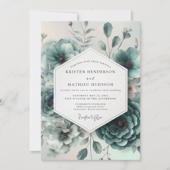 Convites Casamento Floral Etéreo Verde-Azul (Frente)