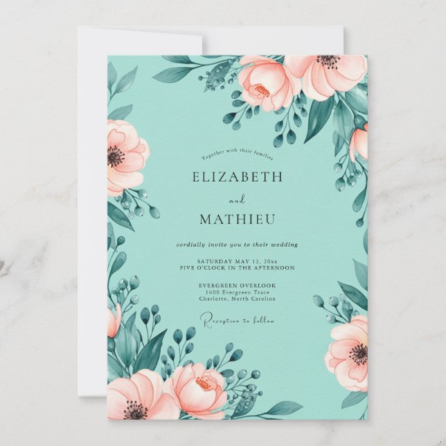 Convites Casamento Floral Etéreo Verde Menta (Frente)
