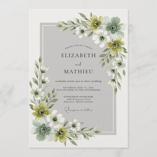Convites Casamento Floral Etéreo Verde Oliva (Frente)
