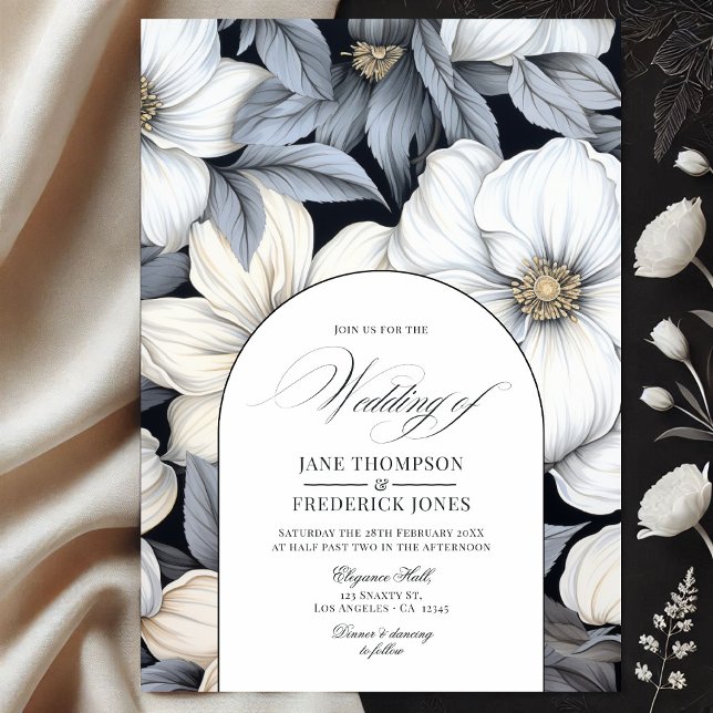 Convites Casamento Floral eterno Preto e Branco (Timeless Black and White Floral Wedding Invitation)