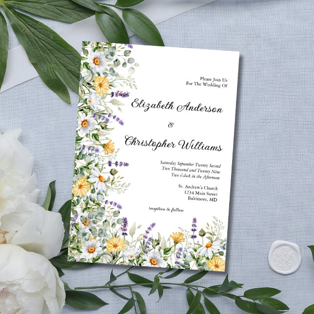 Convites Casamento Floral Eucalyptus com Lavanda Amarela br (Yellow White Lavender Eucalyptus Wildflowers  Wedding Invitation. Printed or Digital Download)